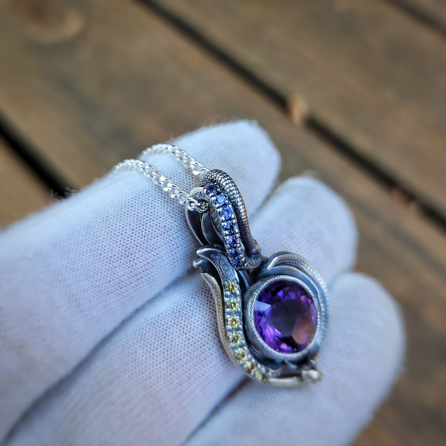 Hand-crafted Amethyst and Sapphire Pendant