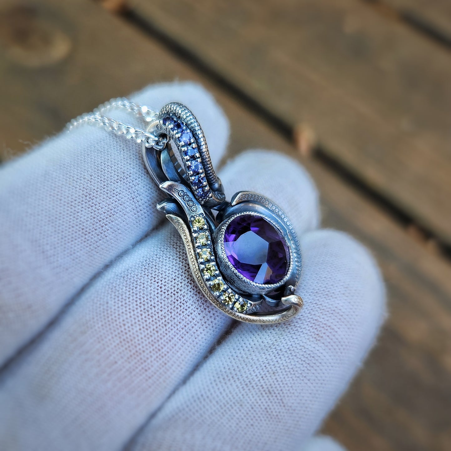 Hand-crafted Amethyst and Sapphire Pendant