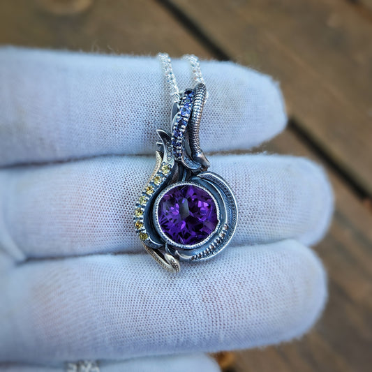 Hand-crafted Amethyst and Sapphire Pendant